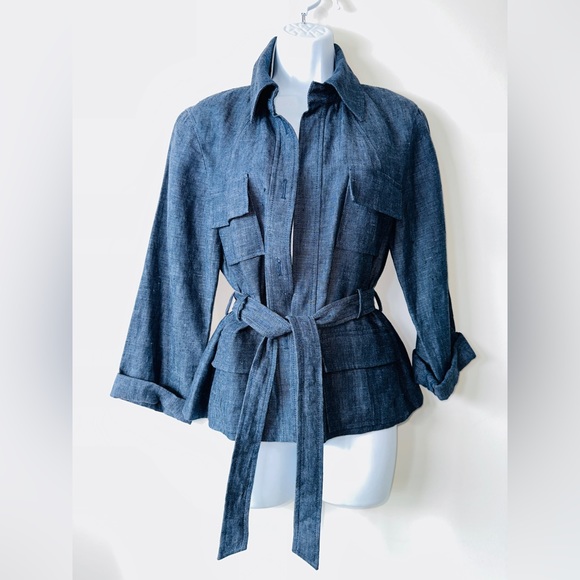 Kenneth Cole New York Denim Linen Utility Belted Jacket w Pockets Size 6 - Picture 4 of 9